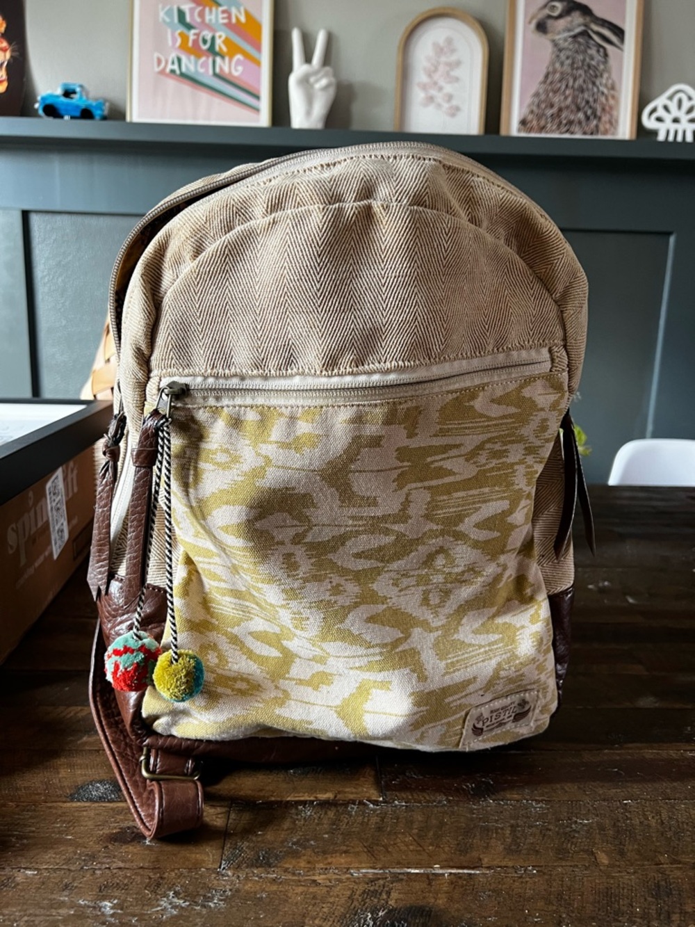 pistil Cream and Mustard Patterned Canvas Bag with Brown Logo Patch